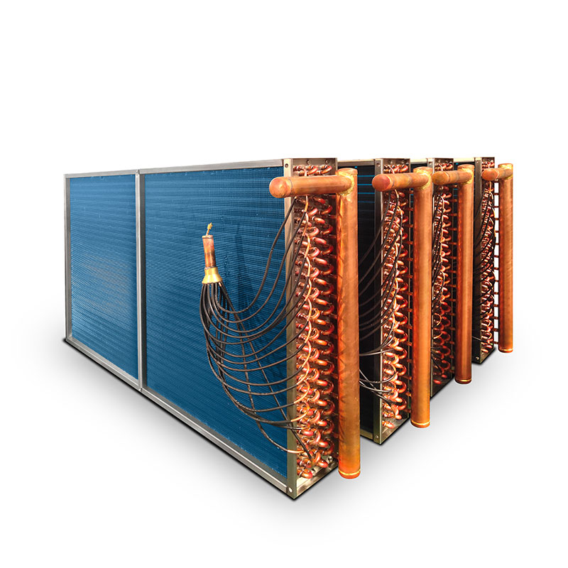 Image of an evaporator unit used in refrigeration systems, showing finned coils and tube connections
