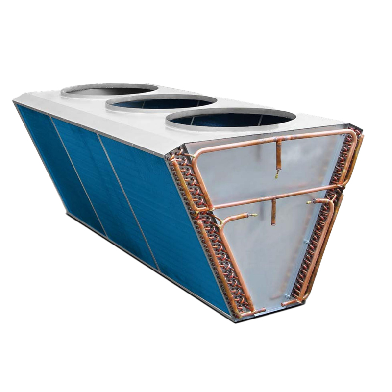 Image of a condenser unit used in HVAC systems showing fin and tube coil structure and refrigerant connections